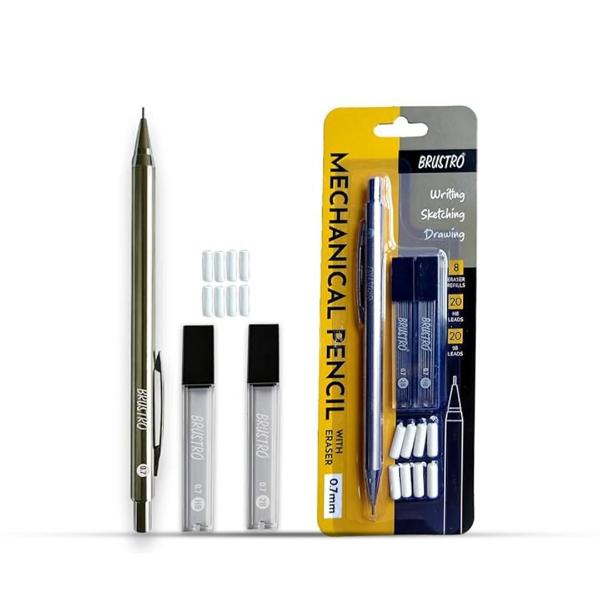BRUSTRO Mechanical Pencil Set - HB-20 leads, 2B-20 leads, Spare eraser 8 units - Tip size 0.7 mm