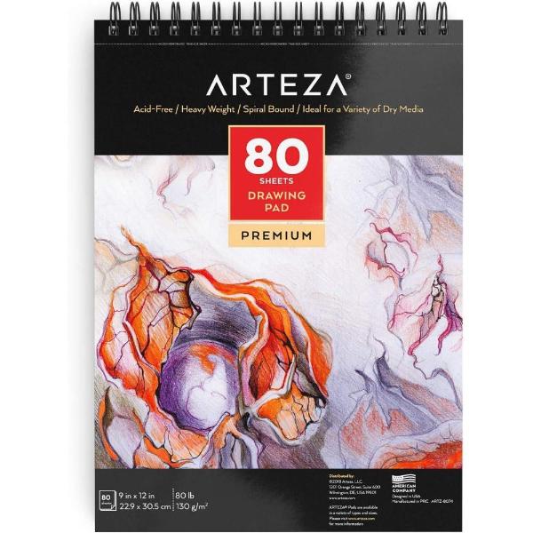 ARTEZA Artist Sketch Pad, 9×12 Inches – 1-Pack, 80 Spiral-Bound Sheets Each, Acid-Free 80 lb White Paper for Sketching, Drawing & Daily Art Practice