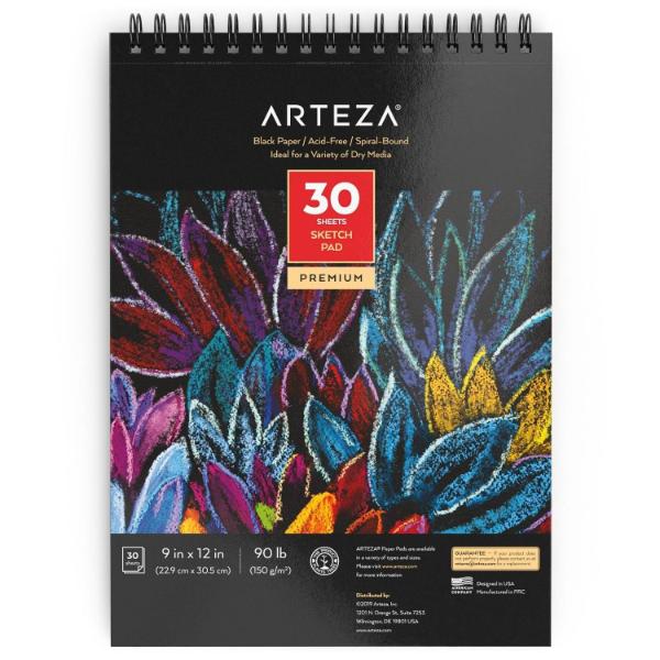 ARTEZA Spiral Sketch Book 9×12 Black Art Paper Drawing Pad, 30 Sheets Sketch Pads for Drawing(1 Pack)