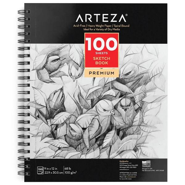ARTEZA Sketch Book 1-Pack, 9×12 Inches – 100 Sheets, Spiral Bound, 68 lb Acid-Free Drawing Pad