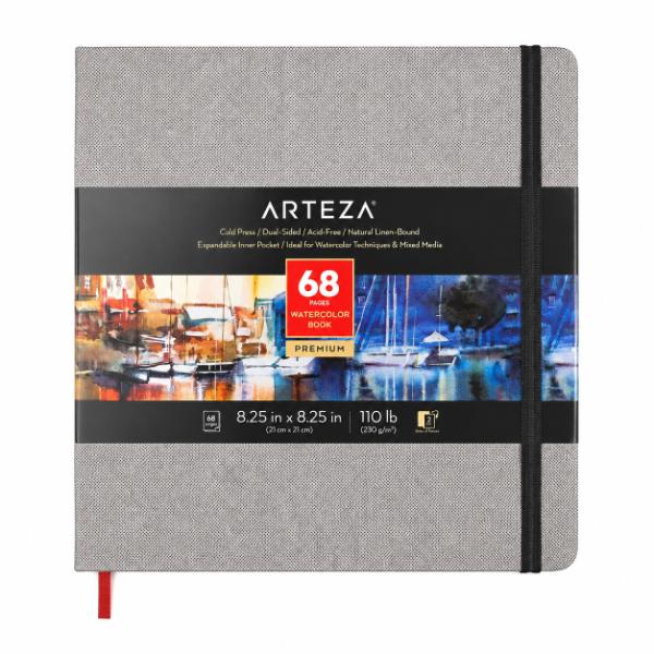 ARTEZA Watercolor Sketchbook, 1-Pack, 68 Pages Each, 8.25 x 8.25 Inches, Beige Hardcover, 110-Pound Paper(Gray)