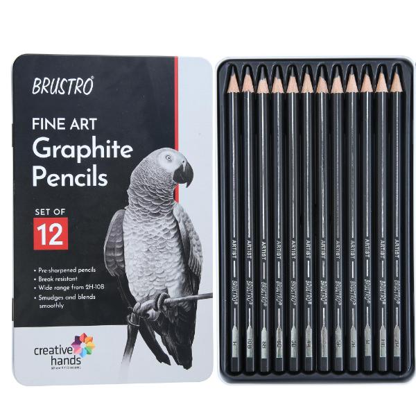 BRUSTRO Fine Art Graphite Pencil Set - 10B - 2H, Pack of 12 with Elegant Tin Box